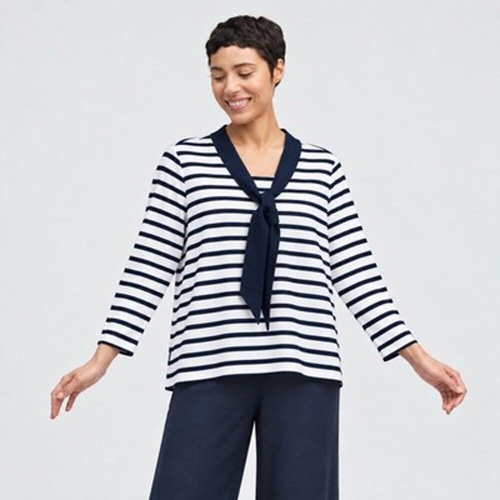 Brooks Brothers Sailor Top Women Large Stripe Shawl Collar Tie Preppy Nautical